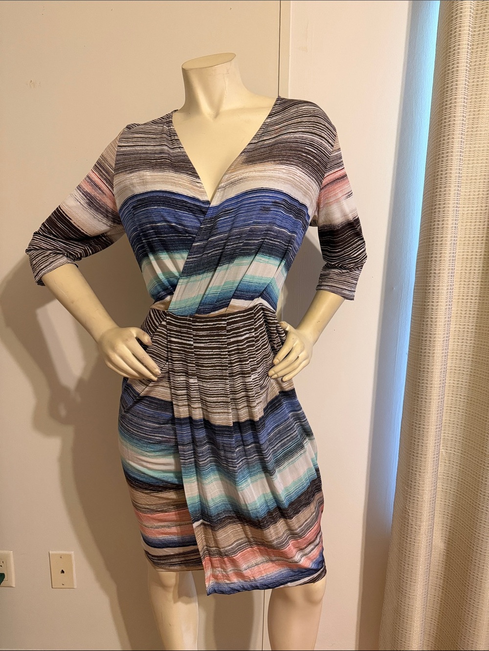 Leota Striped Wrap-Style Midi Dress in Blue, Teal, Pink and Gray